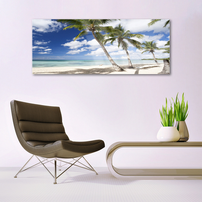 Glass Print Sea beach palm trees landscape blue brown green