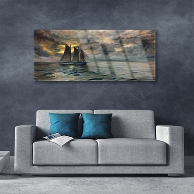 Glass Print Sea boat landscape grey yellow