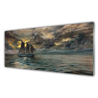 Glass Print Sea boat landscape grey yellow