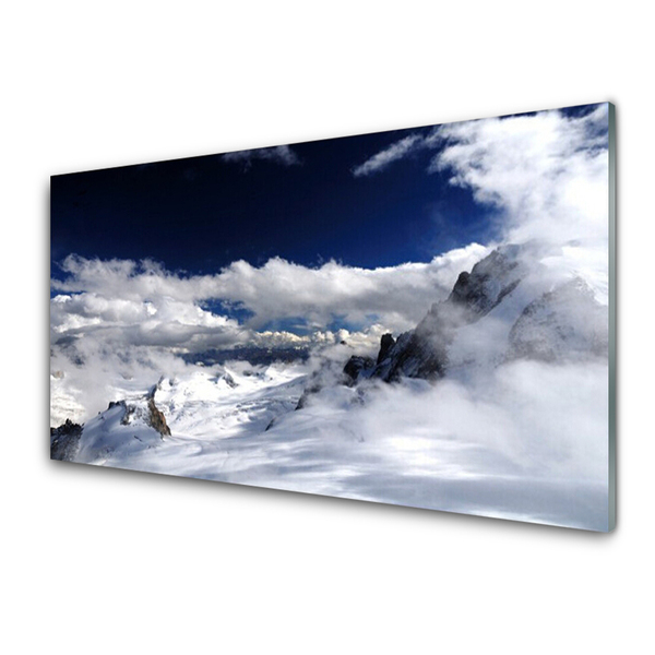 Glass Print Mountain clouds landscape grey white purple