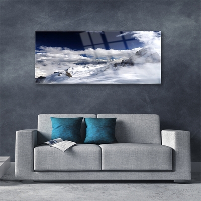 Glass Print Mountain clouds landscape grey white purple