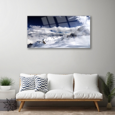 Glass Print Mountain clouds landscape grey white purple