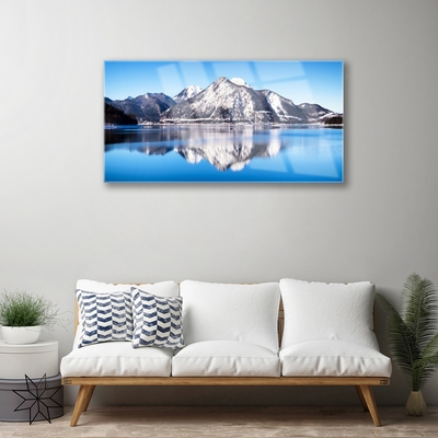 Glass Print Lake mountains landscape blue grey white