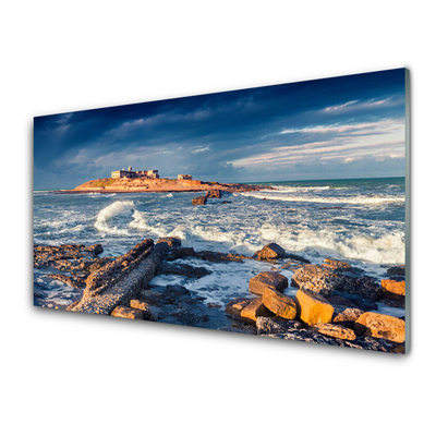 Glass Print Sea stones landscape blue yellow grey