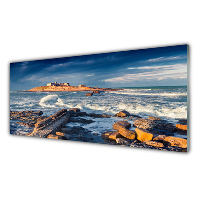 Glass Print Sea stones landscape blue yellow grey