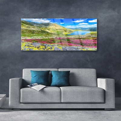 Glass Print Mountain bay meadow nature multi