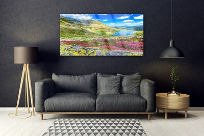 Glass Print Mountain bay meadow nature multi