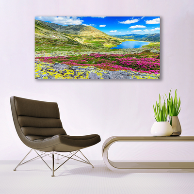 Glass Print Mountain bay meadow nature multi