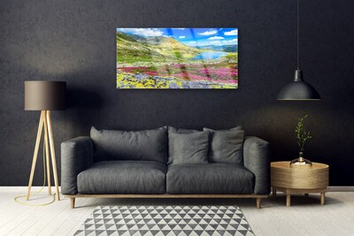 Glass Print Mountain bay meadow nature multi