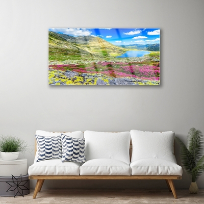 Glass Print Mountain bay meadow nature multi