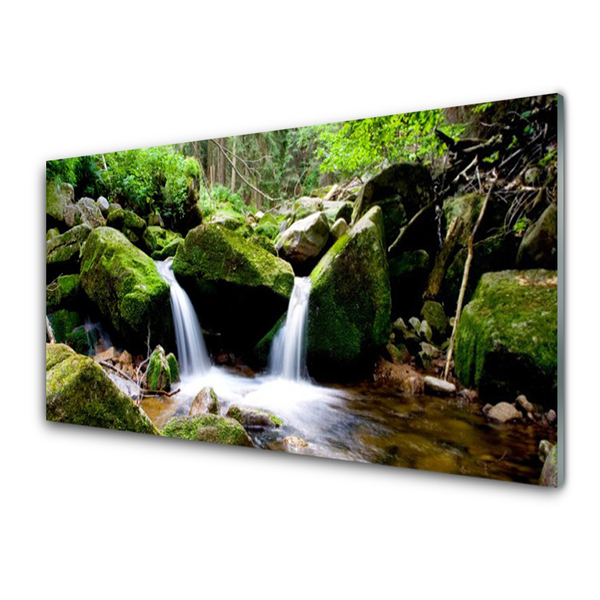 Glass Print Waterfall rocks nature green white grey