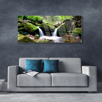 Glass Print Waterfall rocks nature green white grey