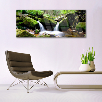 Glass Print Waterfall rocks nature green white grey