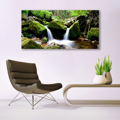 Glass Print Waterfall rocks nature green white grey