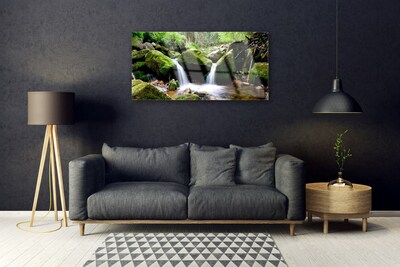 Glass Print Waterfall rocks nature green white grey