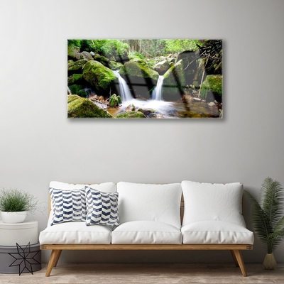 Glass Print Waterfall rocks nature green white grey