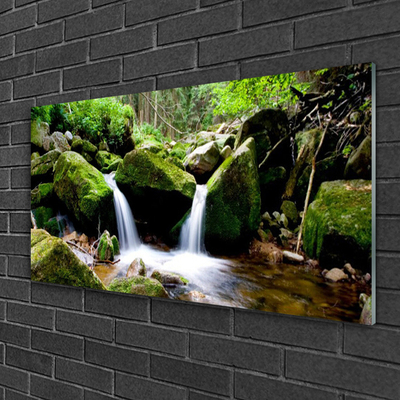 Glass Print Waterfall rocks nature green white grey