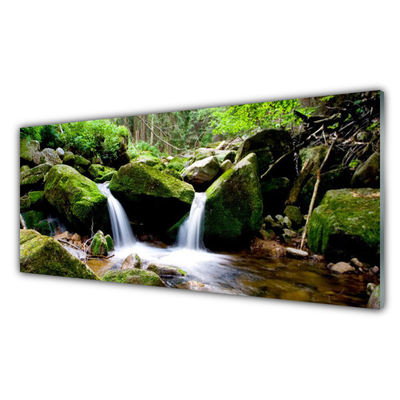 Glass Print Waterfall rocks nature green white grey