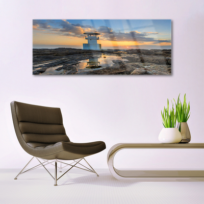 Glass Print Lighthouse landscape white grey