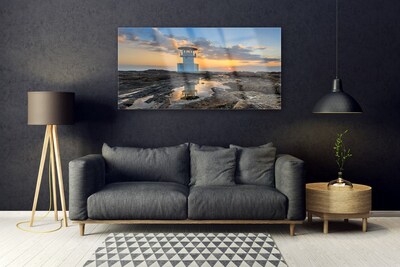 Glass Print Lighthouse landscape white grey