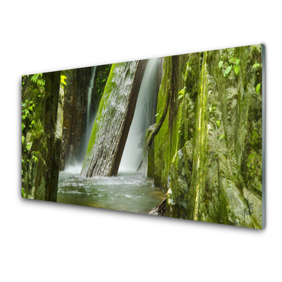 Glass Print Waterfall nature green grey white