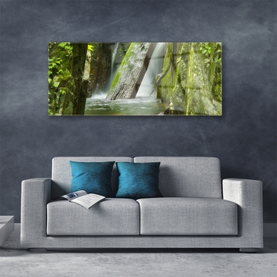 Glass Print Waterfall nature green grey white