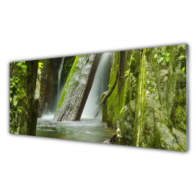 Glass Print Waterfall nature green grey white