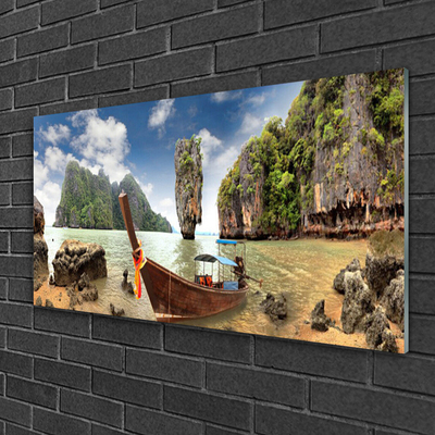 Glass Print Boat mountain stones landscape brown grey green