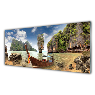 Glass Print Boat mountain stones landscape brown grey green