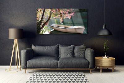 Glass Print Boat tree landscape white blue brown green