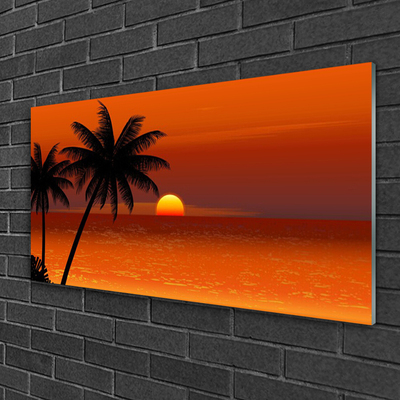 Glass Print Palm sea sun landscape yellow black