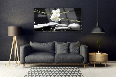 Glass Print Flower stones art white black