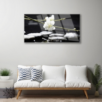 Glass Print Flower stones art white black