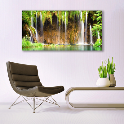 Glass Print Waterfall nature brown green blue white