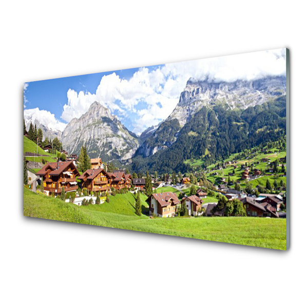 Glass Print Houses mountain landscape brown grey white