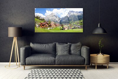 Glass Print Houses mountain landscape brown grey white