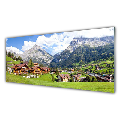 Glass Print Houses mountain landscape brown grey white