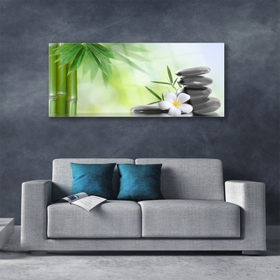 Glass Print Bamboo stalk flower stones art green white black