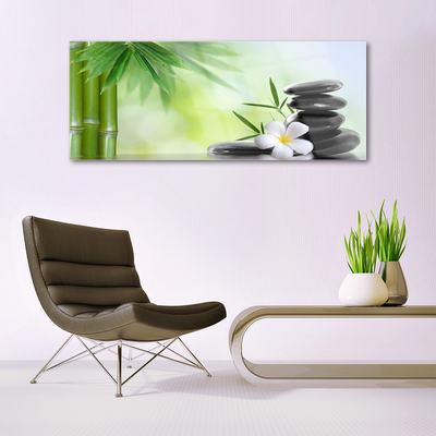 Glass Print Bamboo stalk flower stones art green white black