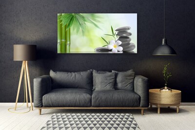 Glass Print Bamboo stalk flower stones art green white black