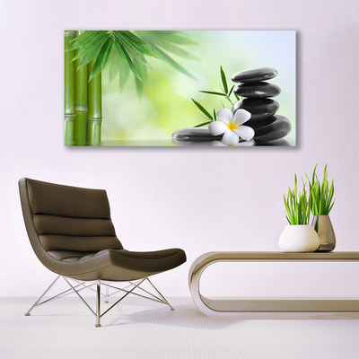 Glass Print Bamboo stalk flower stones art green white black