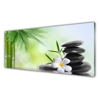 Glass Print Bamboo stalk flower stones art green white black