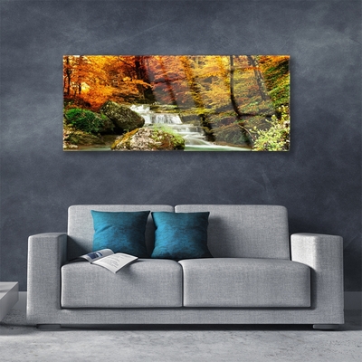 Glass Print Waterfall forest nature white green yellow grey