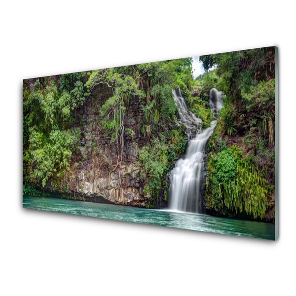 Glass Print Waterfall rock nature white blue grey green