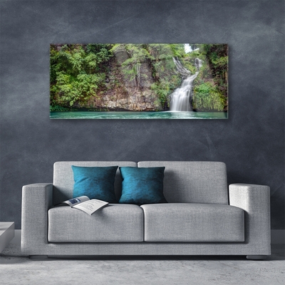 Glass Print Waterfall rock nature white blue grey green