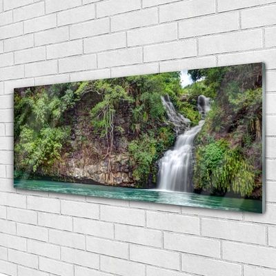 Glass Print Waterfall rock nature white blue grey green