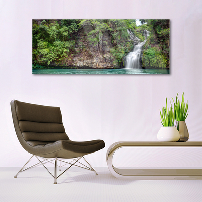 Glass Print Waterfall rock nature white blue grey green