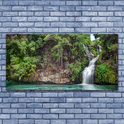 Glass Print Waterfall rock nature white blue grey green