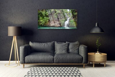 Glass Print Waterfall rock nature white blue grey green