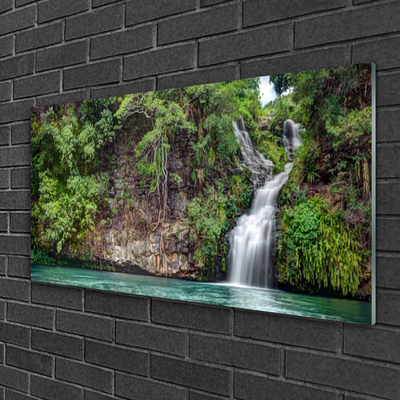 Glass Print Waterfall rock nature white blue grey green